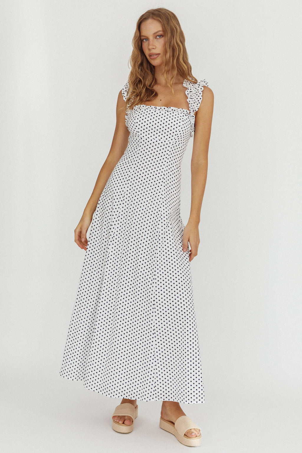Warrior Sun Frill Strap Maxi Dress Navy Spot by Selfie Leslie
