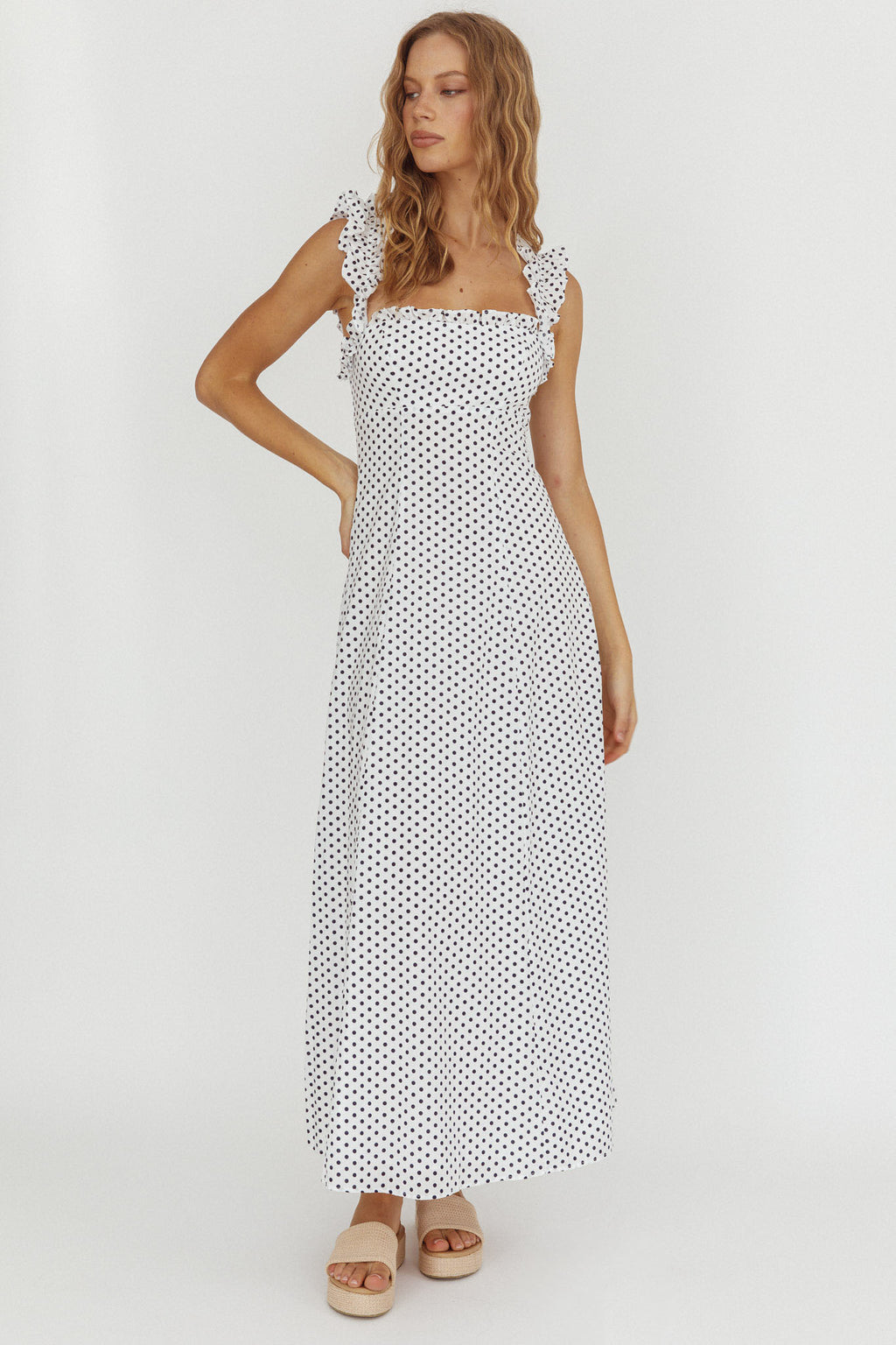 Warrior Sun Frill Strap Maxi Dress Navy Spot by Selfie Leslie
