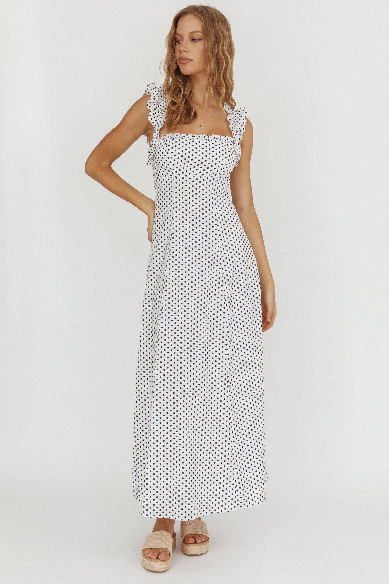 Warrior Sun Frill Strap Maxi Dress Navy Spot by Selfie Leslie