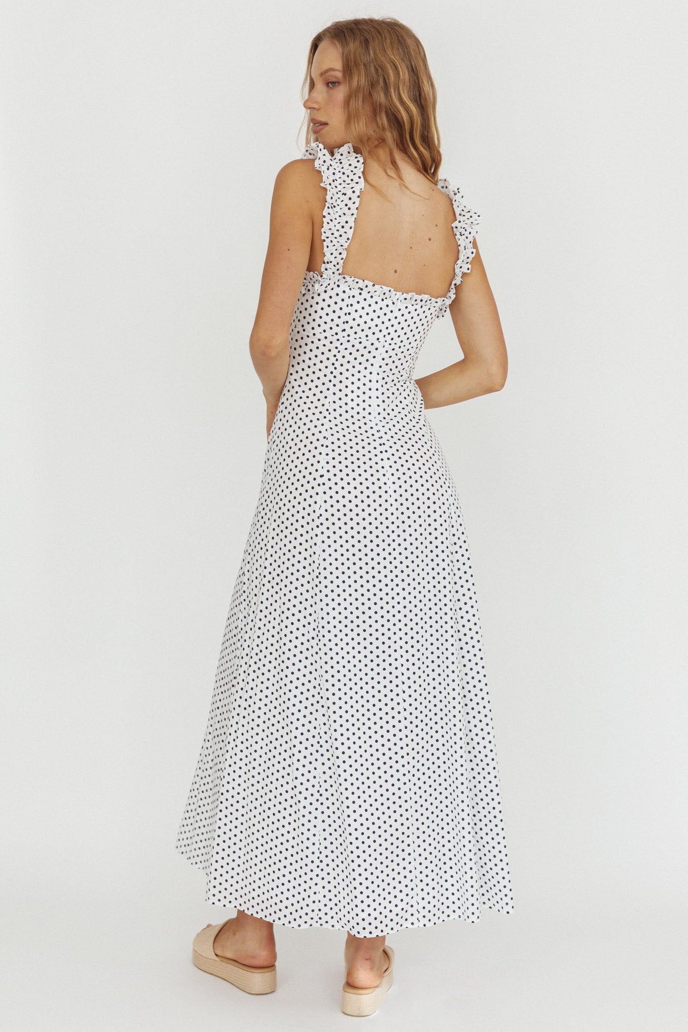 Warrior Sun Frill Strap Maxi Dress Navy Spot | Selfie Leslie