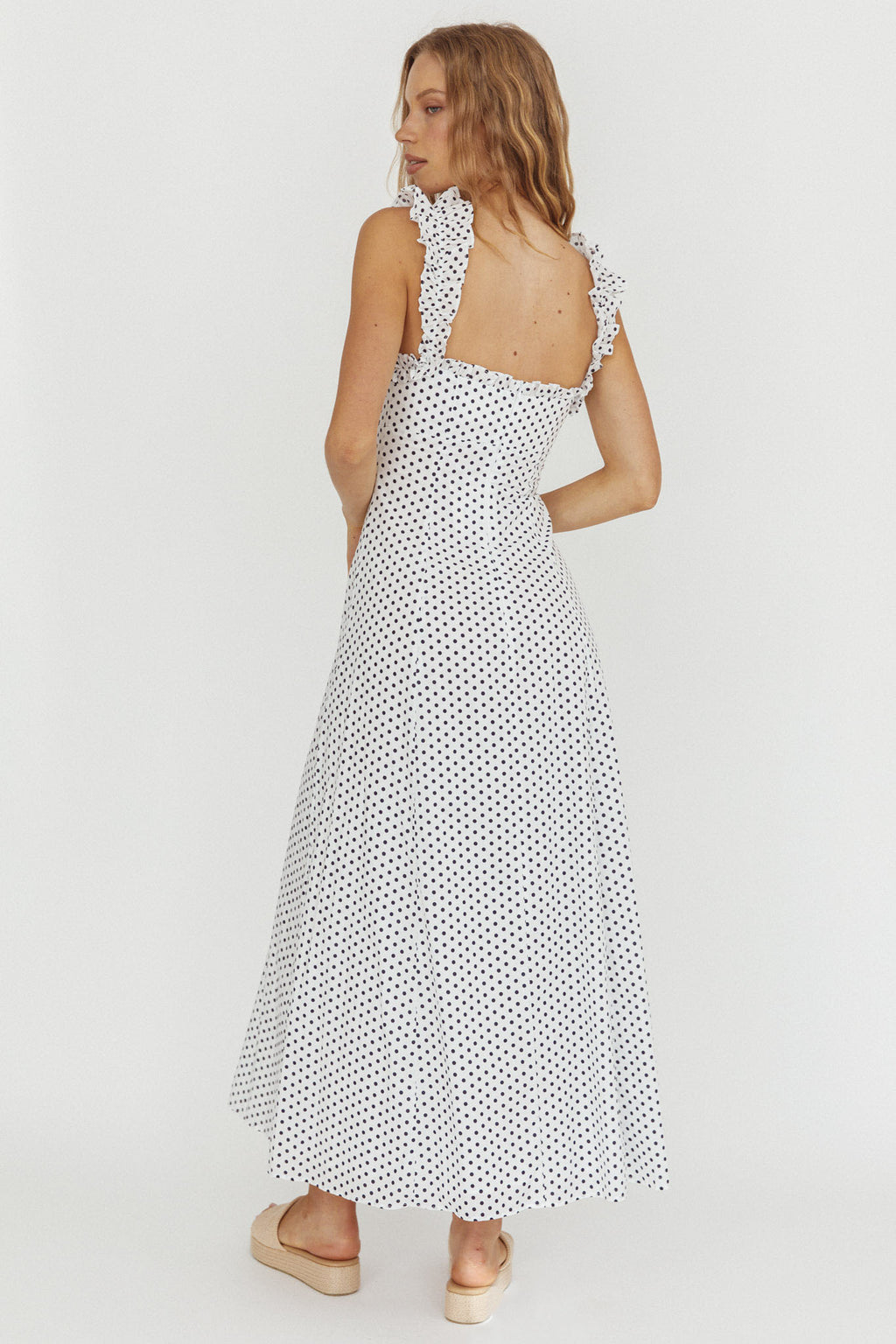 Warrior Sun Frill Strap Maxi Dress Navy Spot by Selfie Leslie