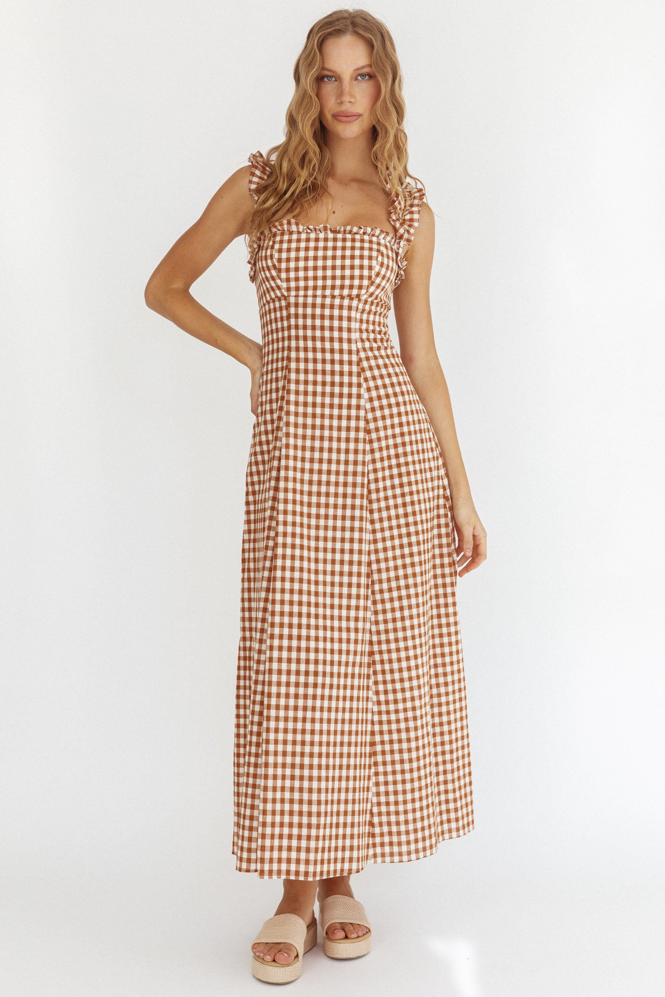 Warrior Sun Frill Strap Maxi Dress Tan Check by Selfie Leslie