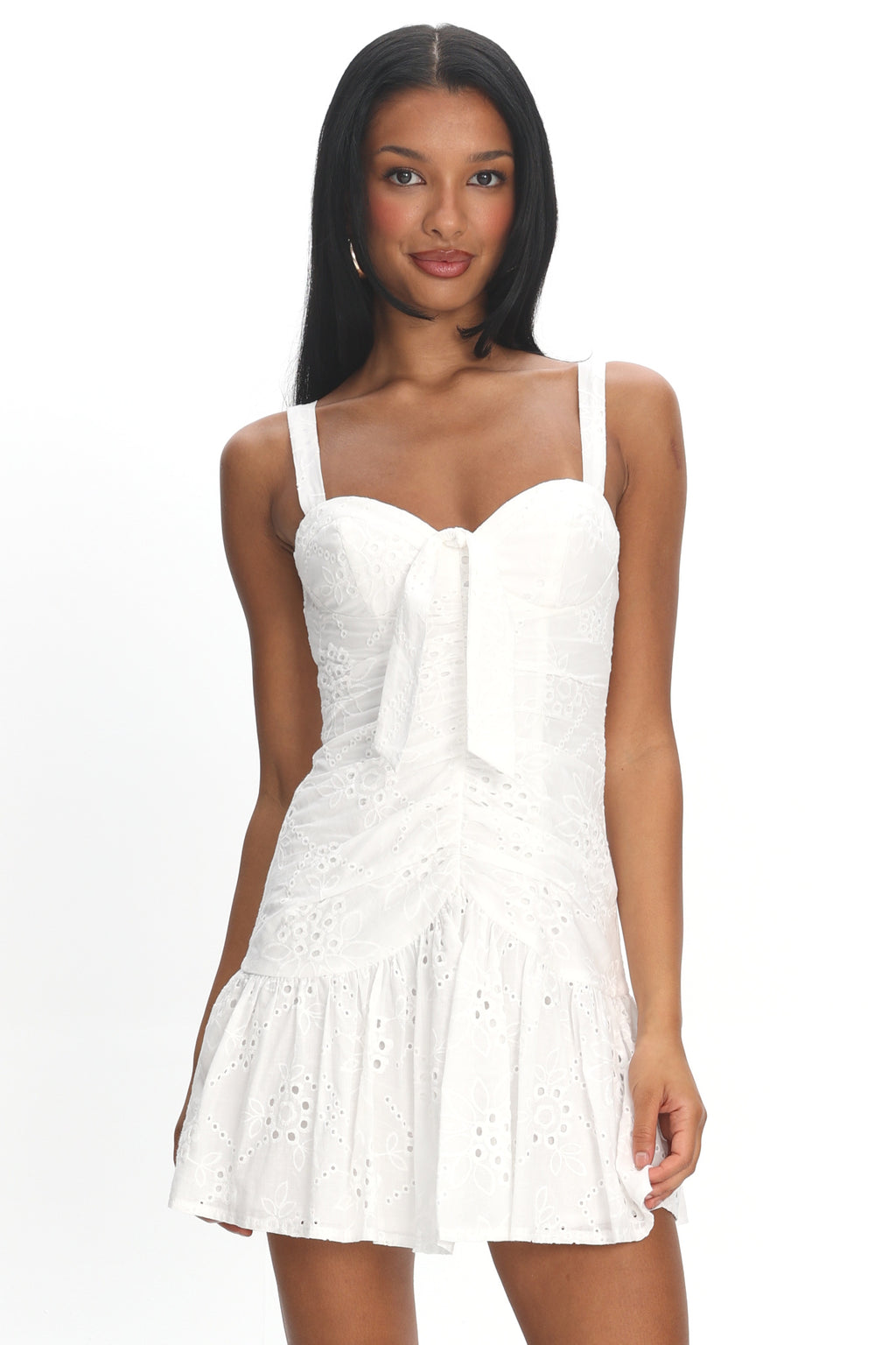 Rachelle Tied Bust Ruched Mini Dress Eyelet White