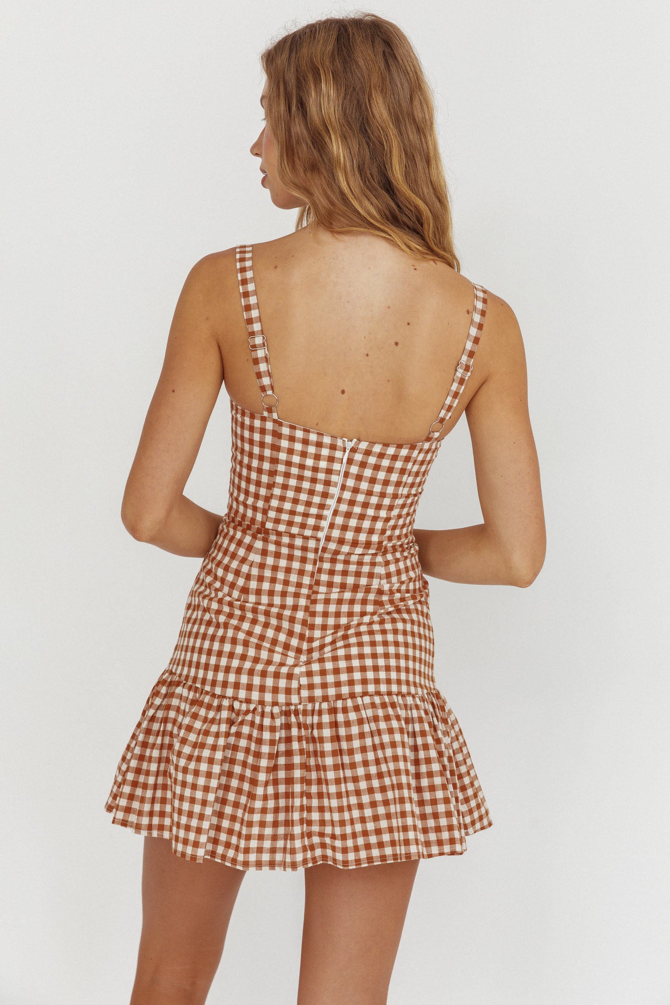Rachelle Tied Bust Ruched Mini Dress Spotted Tan Check by Selfie Leslie