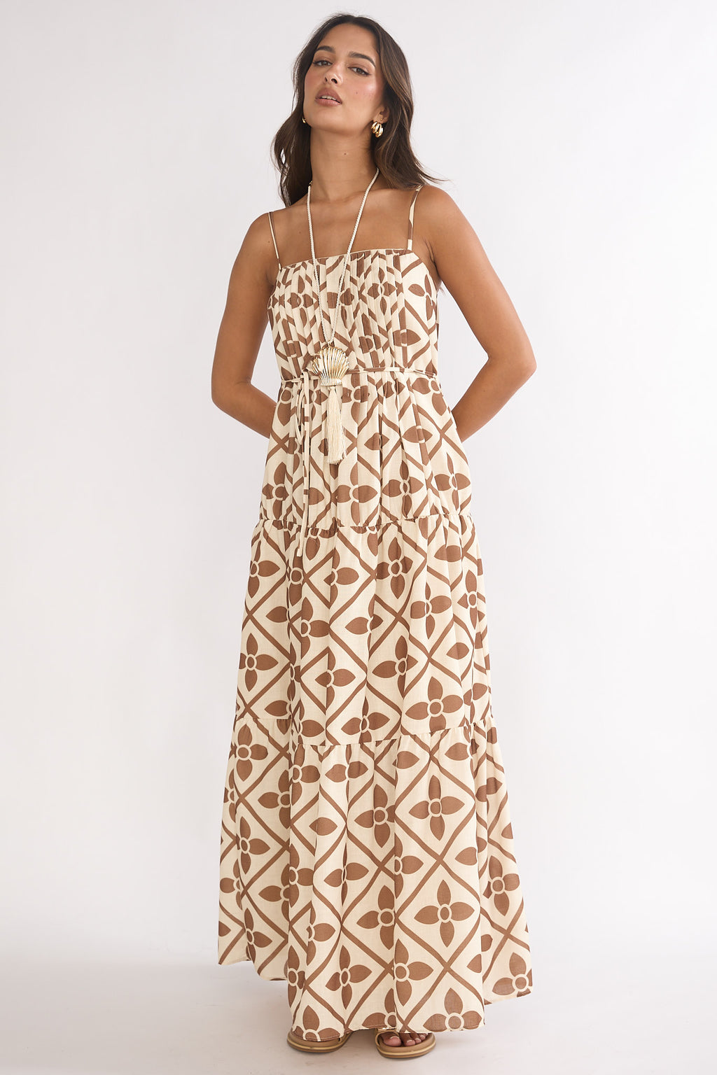 Lysette Pintuck Pleat Maxi Dress Brown Multi by Selfie Leslie