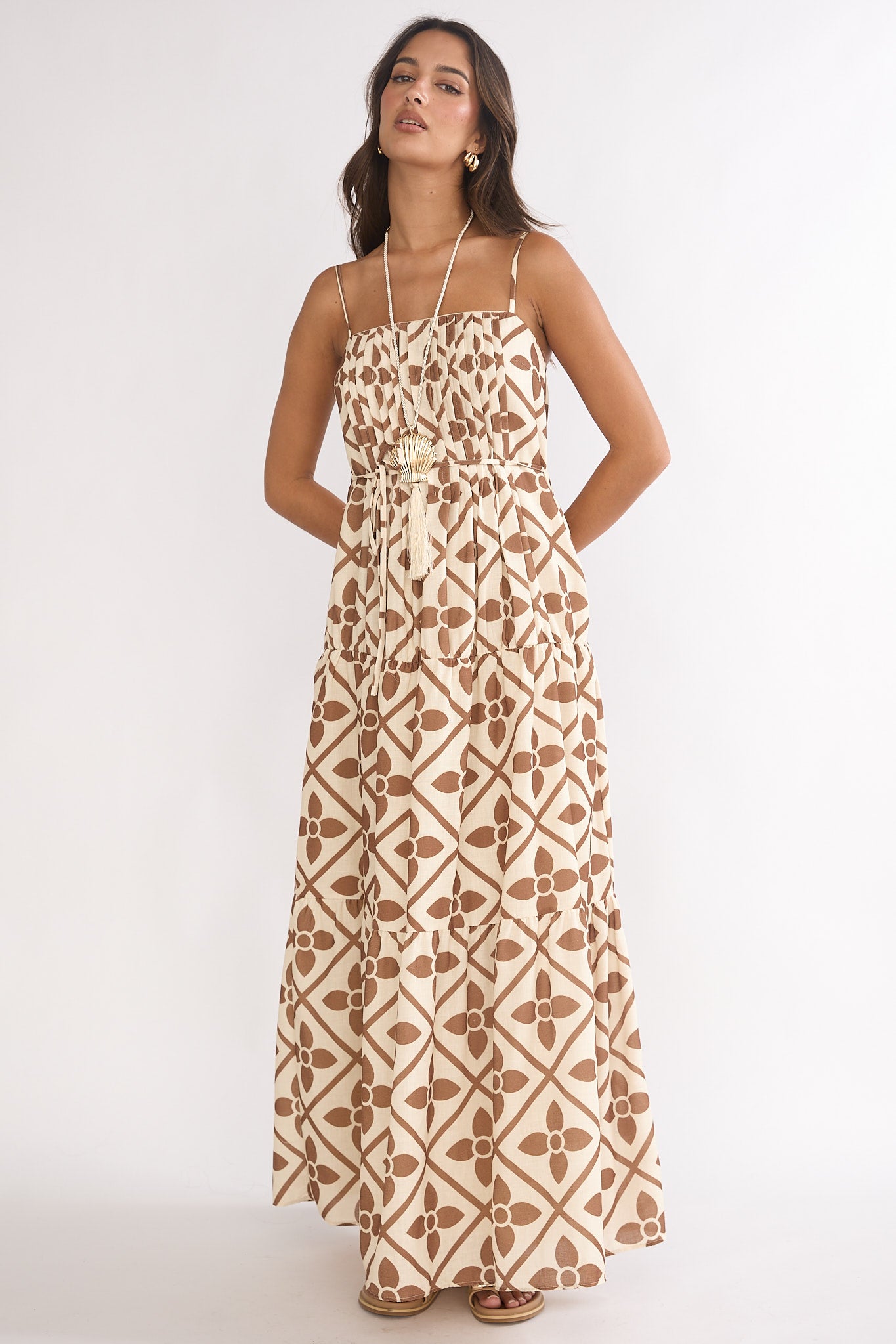 lysette maxi dress Lysette Pintuck Pleat Maxi Dress Brown Multi