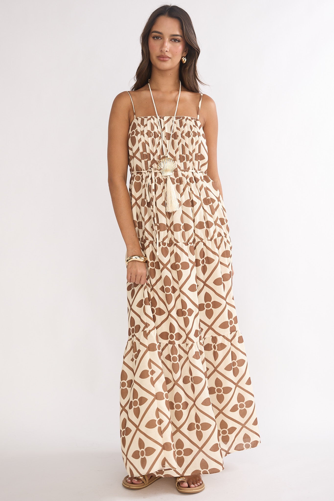 Lysette Pintuck Pleat Maxi Dress Brown Multi by Selfie Leslie