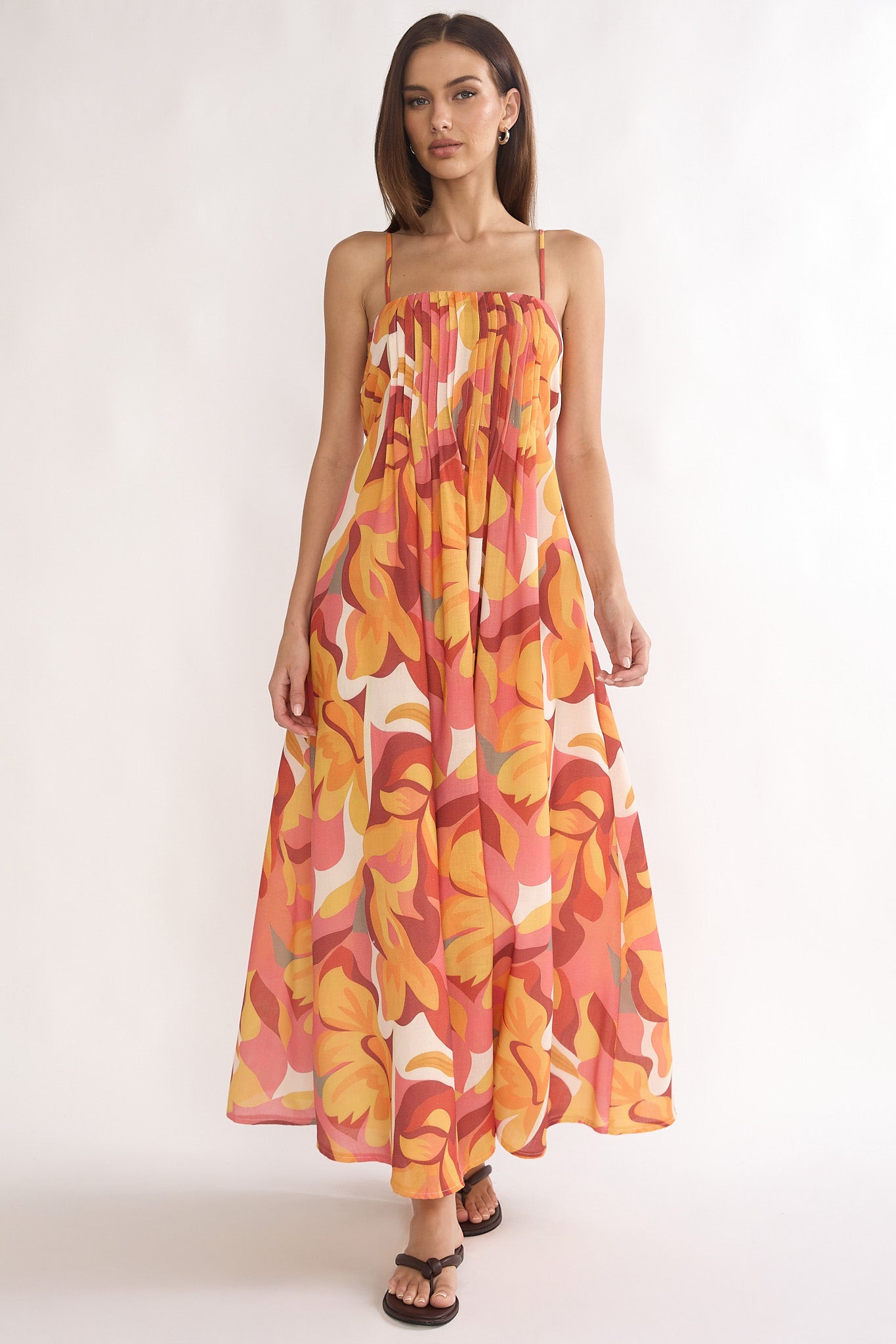 Lysette Pintuck Pleat Maxi Dress Print Orange– Selfie Leslie