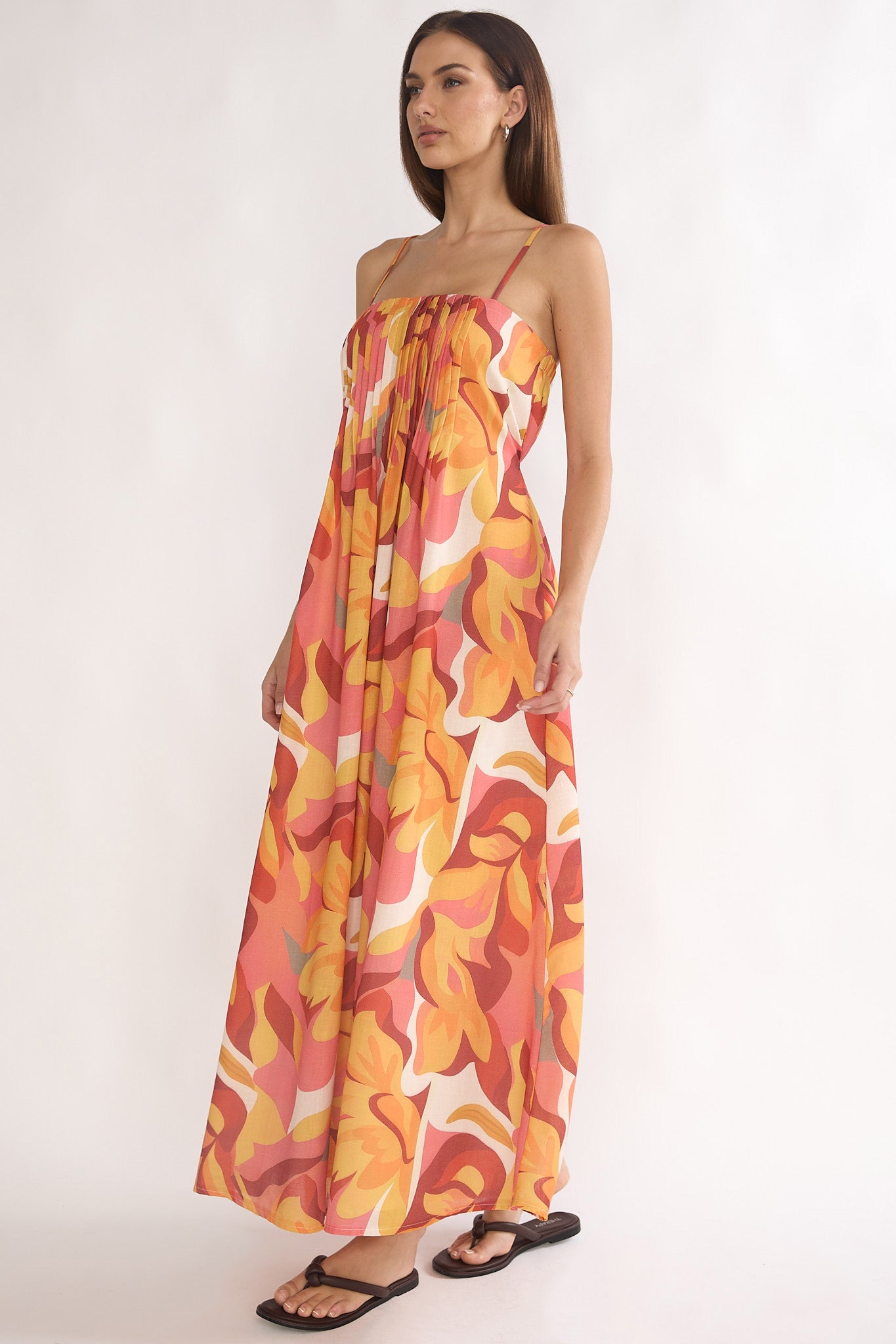 Lysette Pintuck Pleat Maxi Dress Print Orange– Selfie Leslie