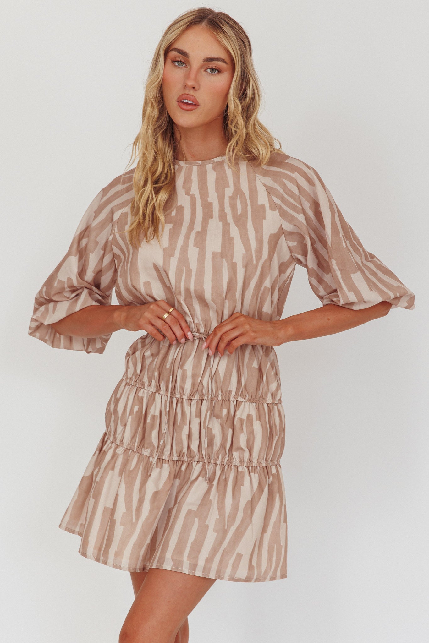 Ezriah Puff Sleeve Mini Dress Print Coffee by Selfie Leslie