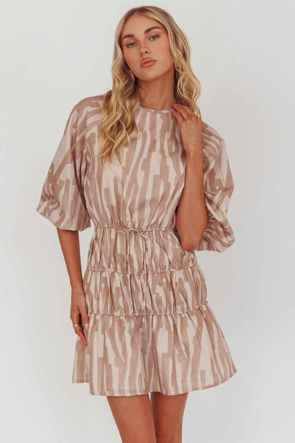 Ezriah Puff Sleeve Mini Dress Print Coffee by Selfie Leslie