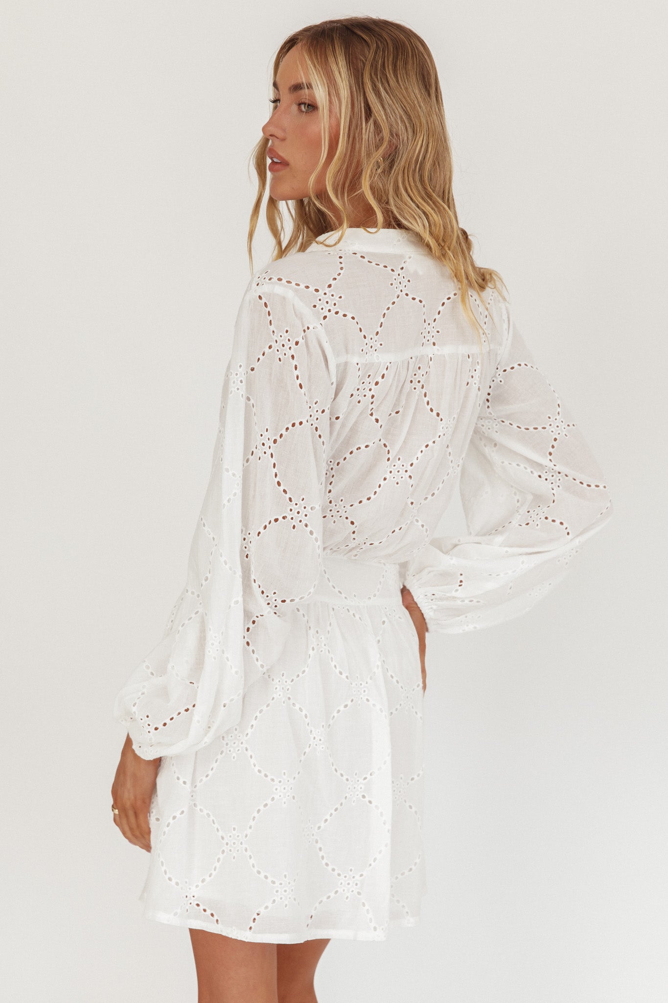 Flossy Eyelet Overlay Tie Mini Dress White by Selfie Leslie