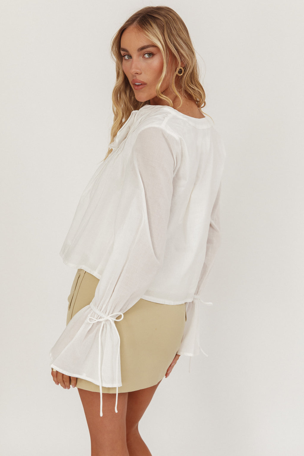 La Demure Tie Front Frill Blouse White by Selfie Leslie