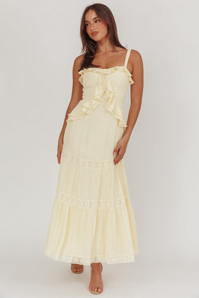 Vienna Sky Frill And Crochet Trim Maxi Dress Cream | Selfie Leslie