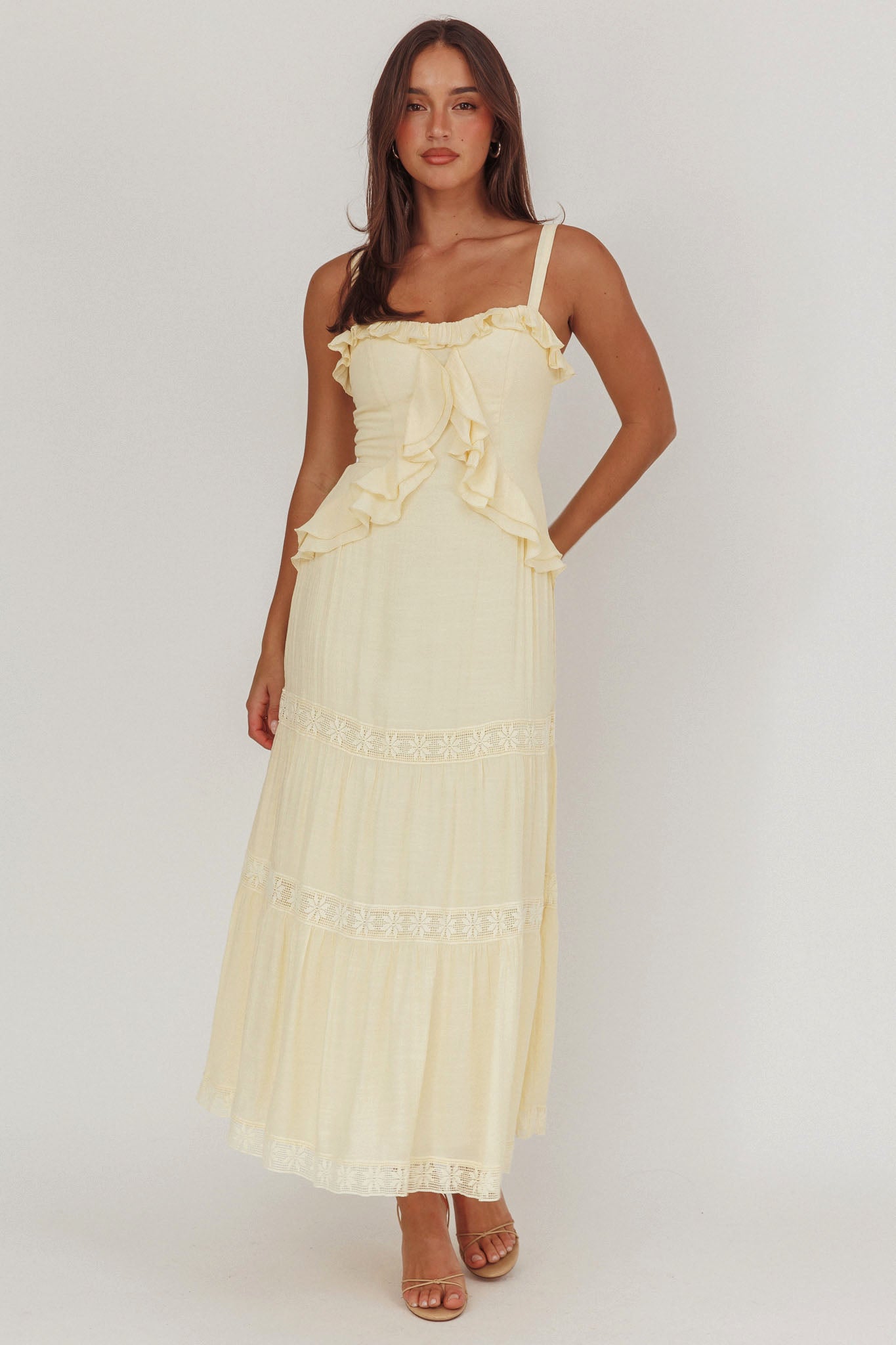 Vienna Sky Frill And Crochet Trim Maxi Dress Cream by Selfie Leslie