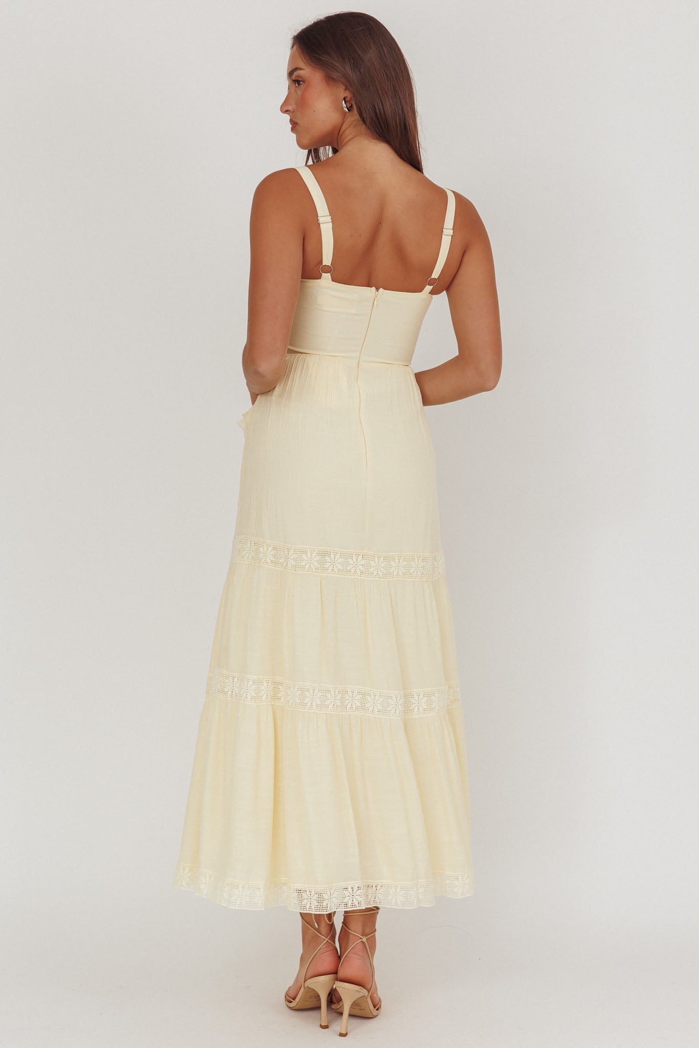 Vienna Sky Frill And Crochet Trim Maxi Dress Cream | Selfie Leslie