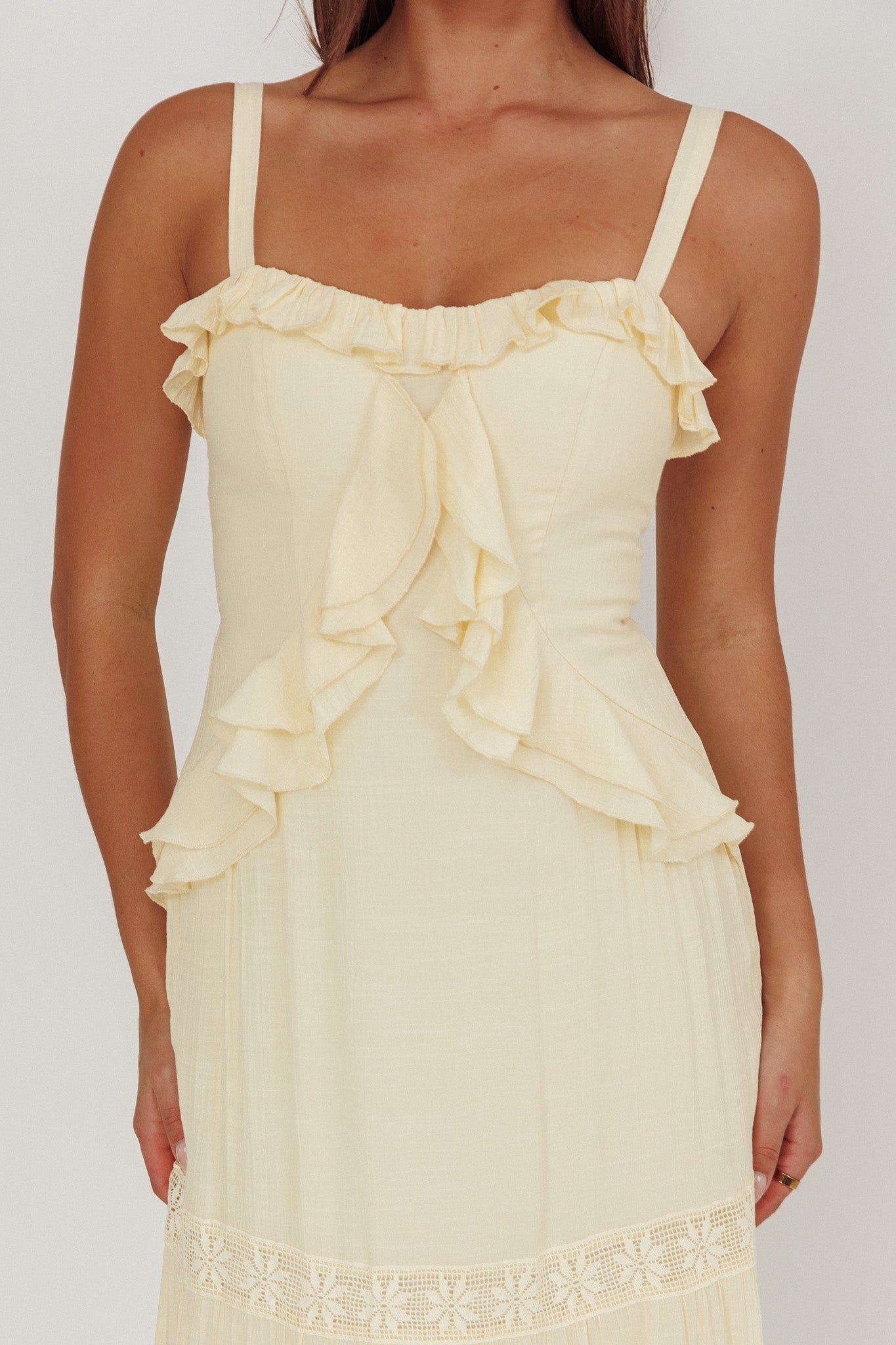 Vienna Sky Frill And Crochet Trim Maxi Dress Cream | Selfie Leslie