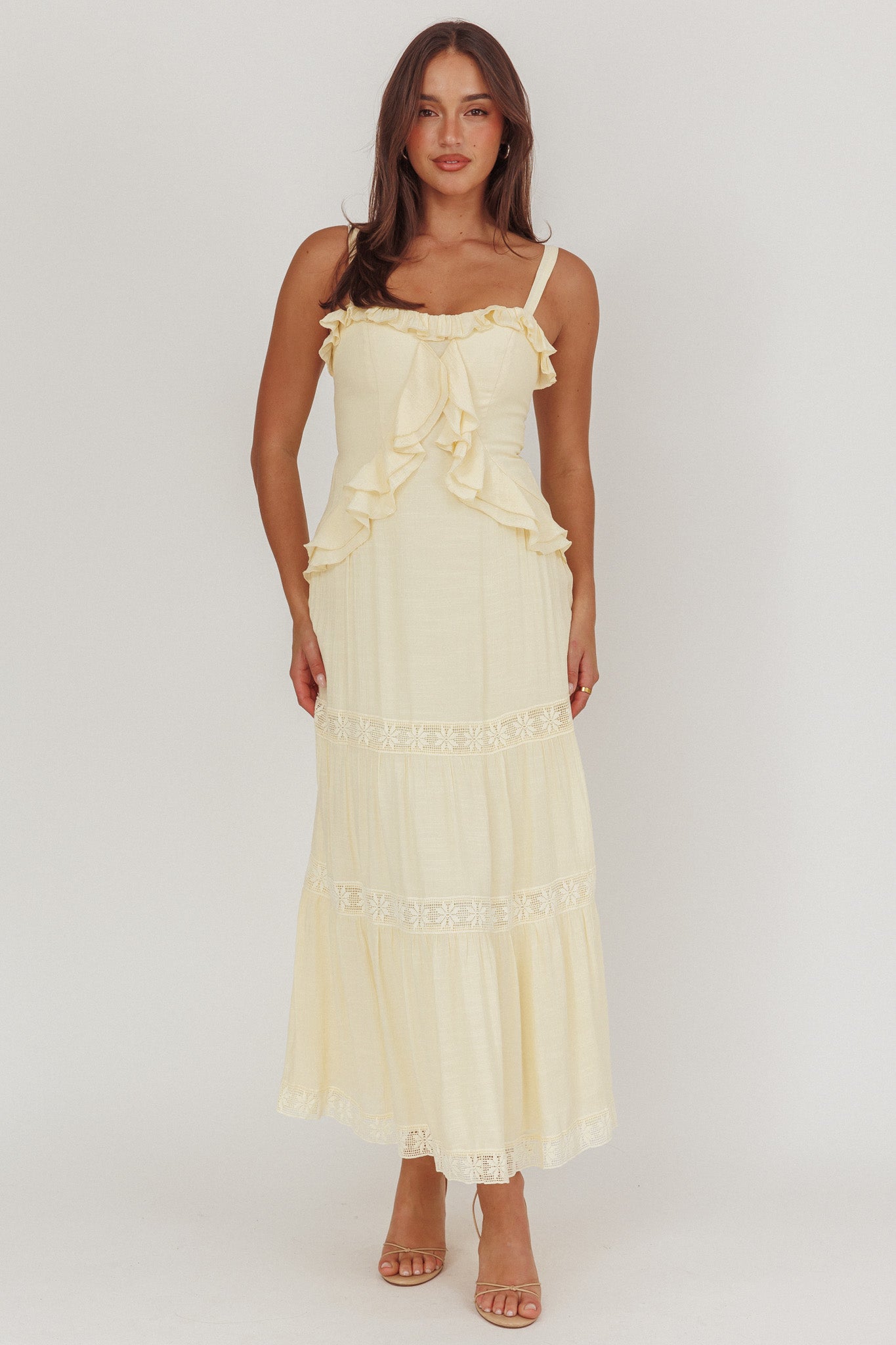 Vienna Sky Frill And Crochet Trim Maxi Dress Cream– Selfie Leslie