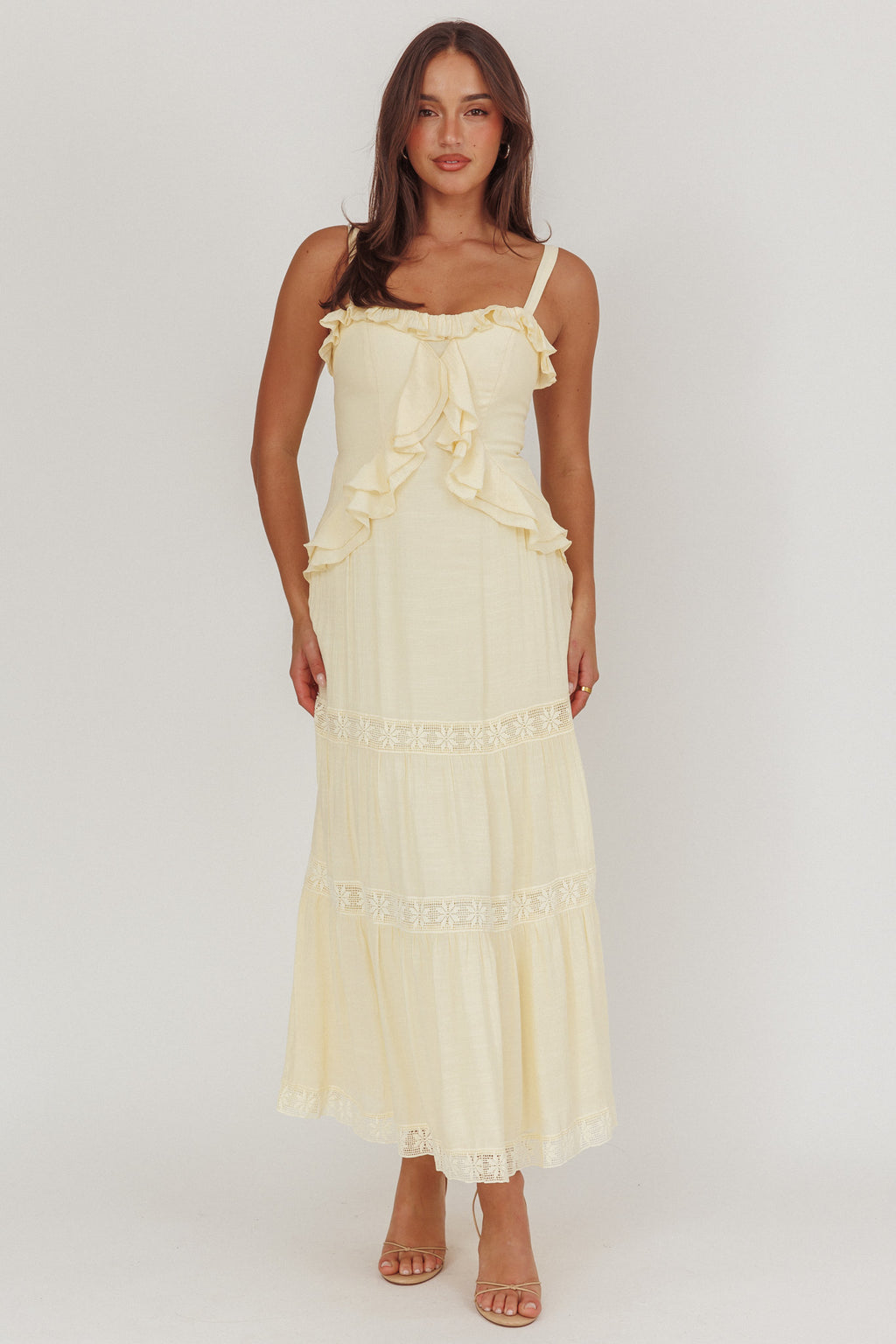 Vienna Sky Frill And Crochet Trim Maxi Dress Cream by Selfie Leslie