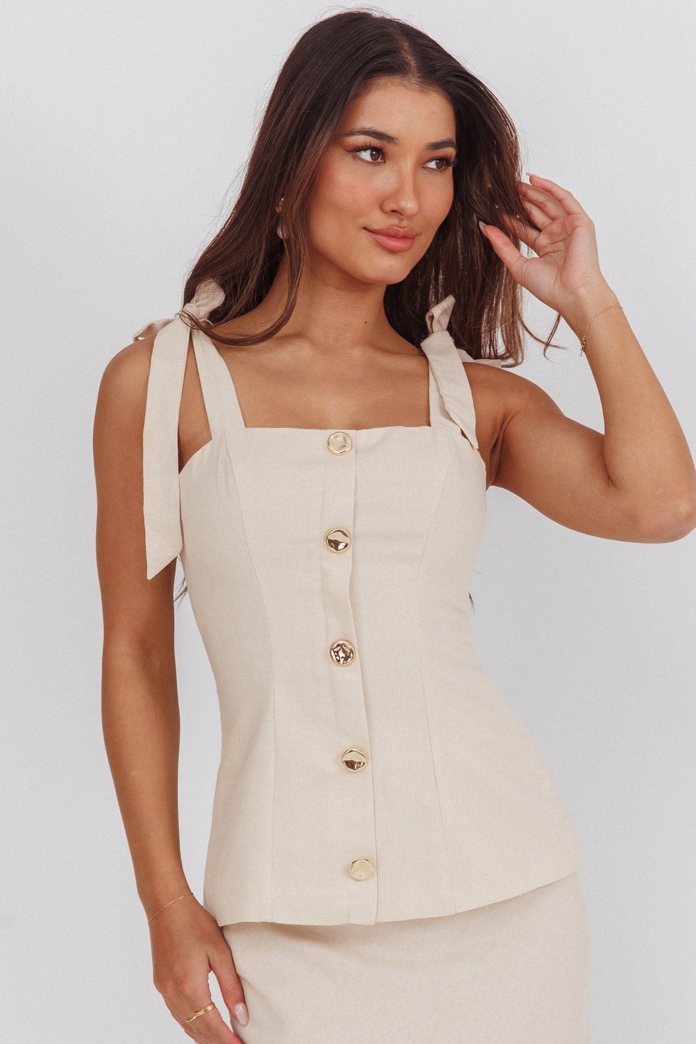 Post It Tied Shoulder Button Front Top Cream by Selfie Leslie