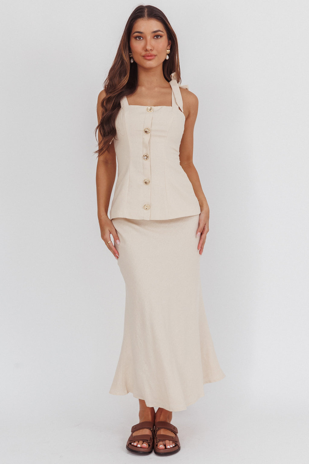 Post It Tied Shoulder Button Front Top Cream by Selfie Leslie