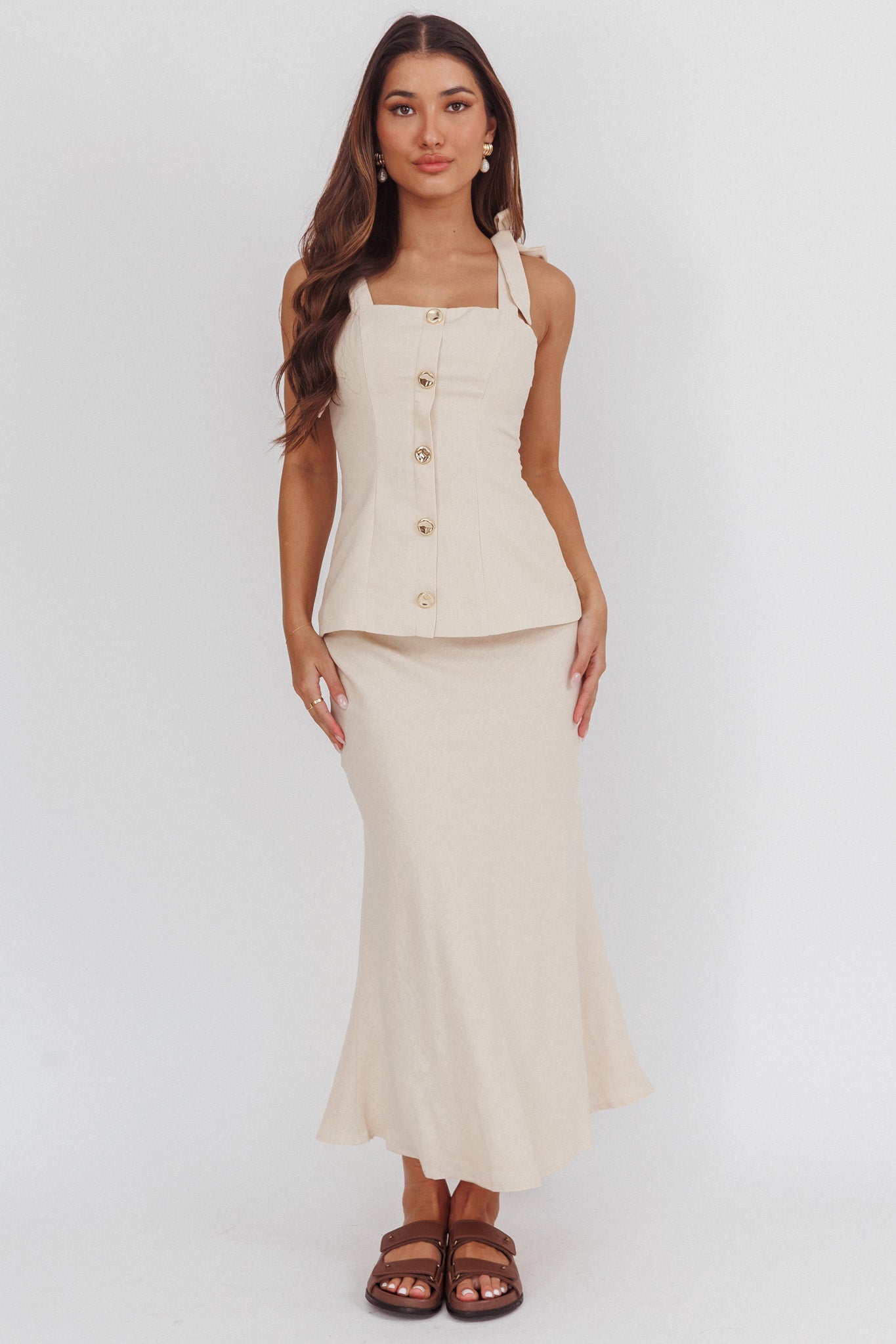 Post It Tied Shoulder Button Front Top Cream by Selfie Leslie