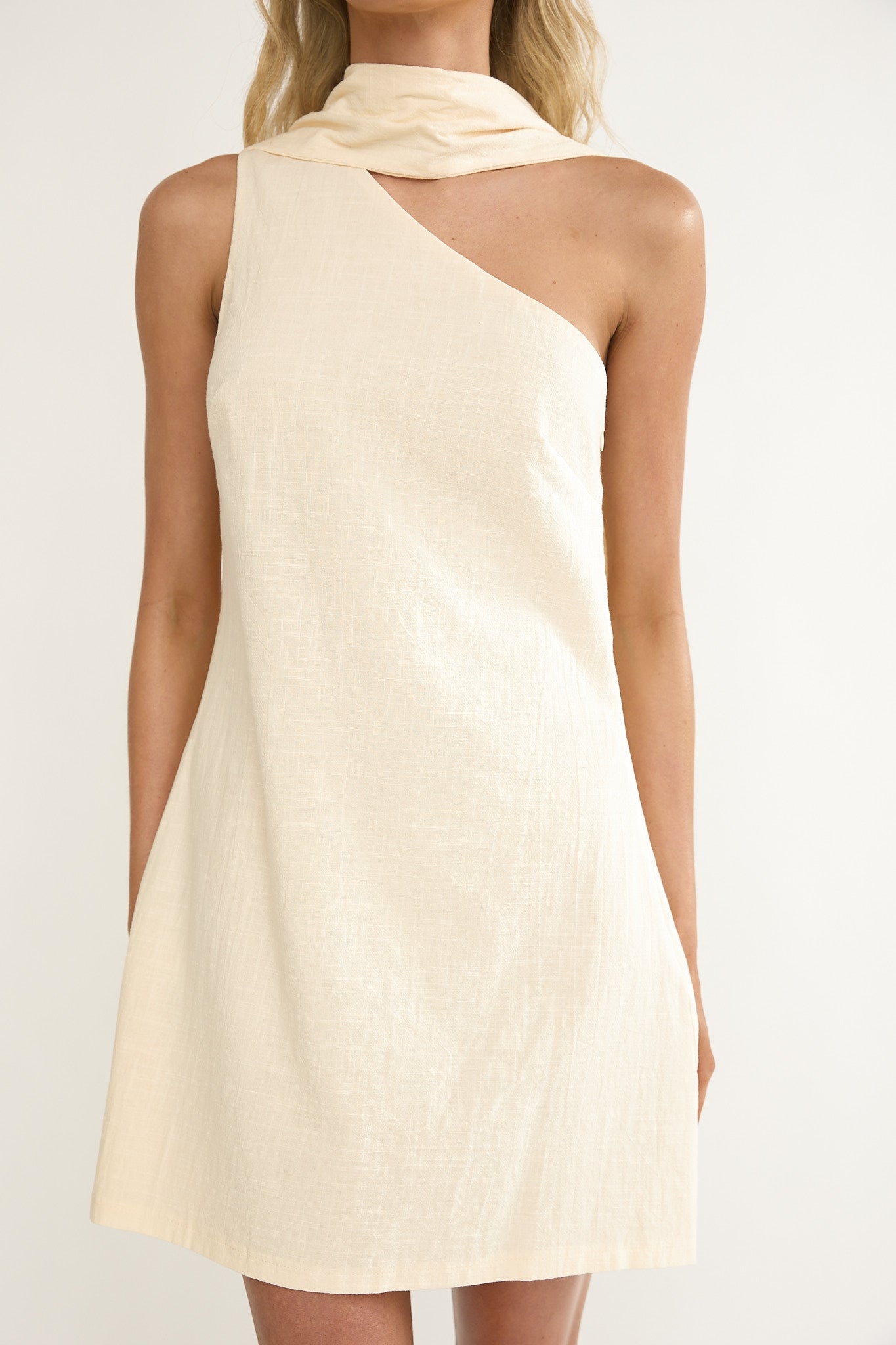 Gizelle One-Shoulder Scarf Mini Dress Oat by Selfie Leslie