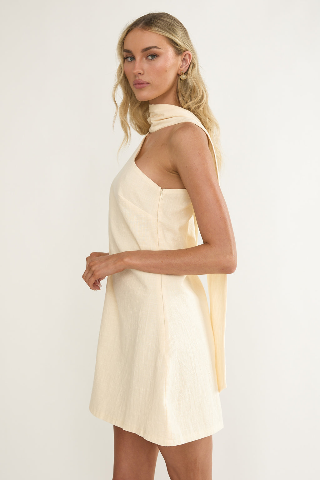 Gizelle One-Shoulder Scarf Mini Dress Oat by Selfie Leslie