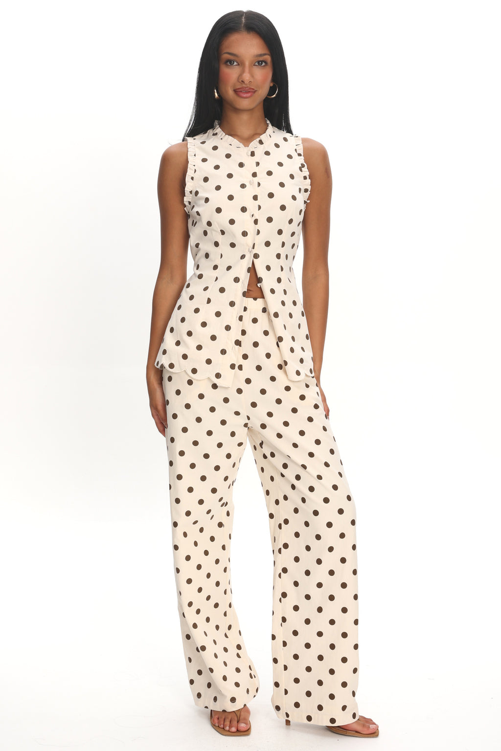 Marava Frill Trim Top Polka Dot Oatmeal