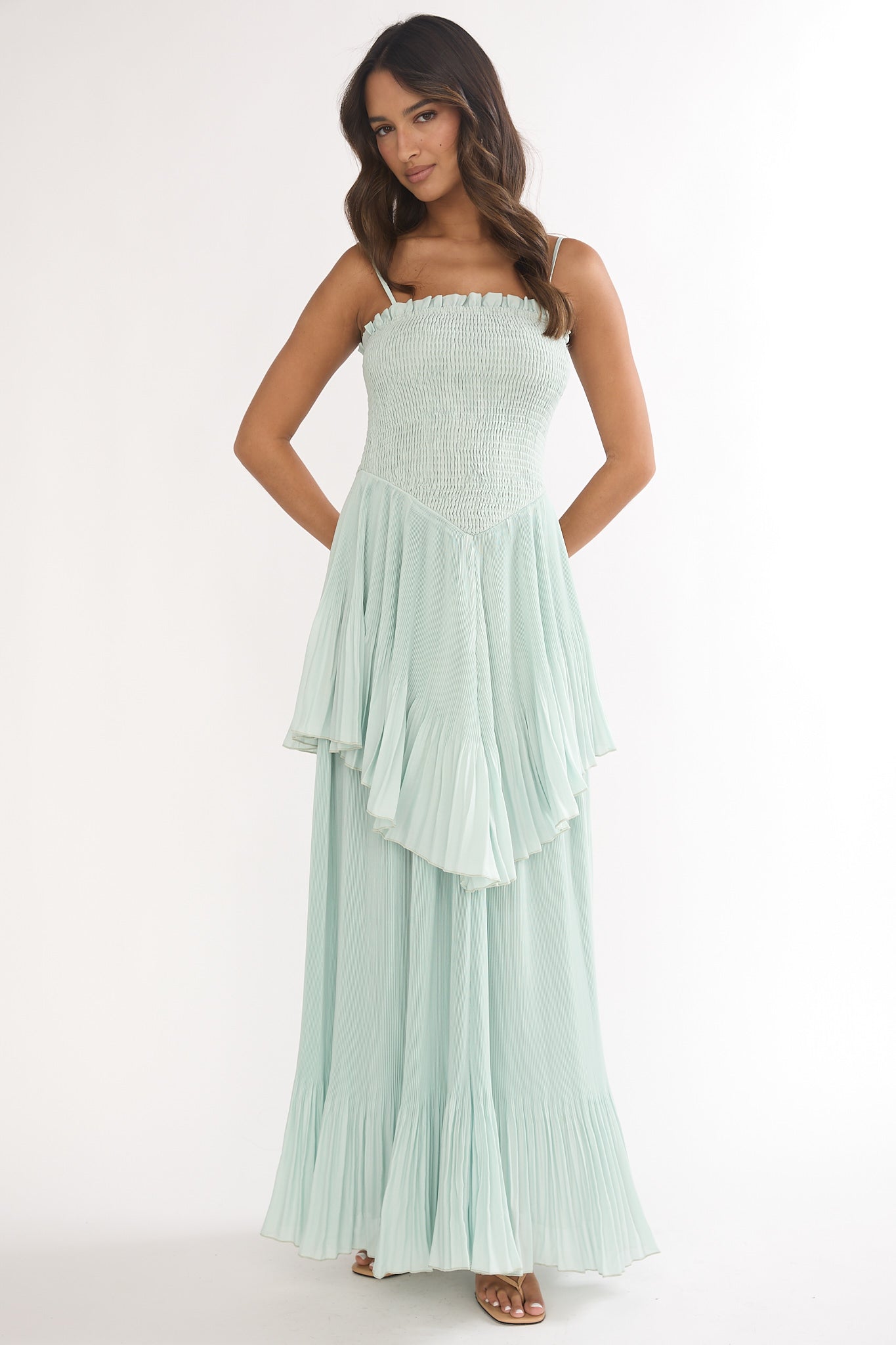 Delin Smocked Layered Maxi Dress Sage by Selfie Leslie
