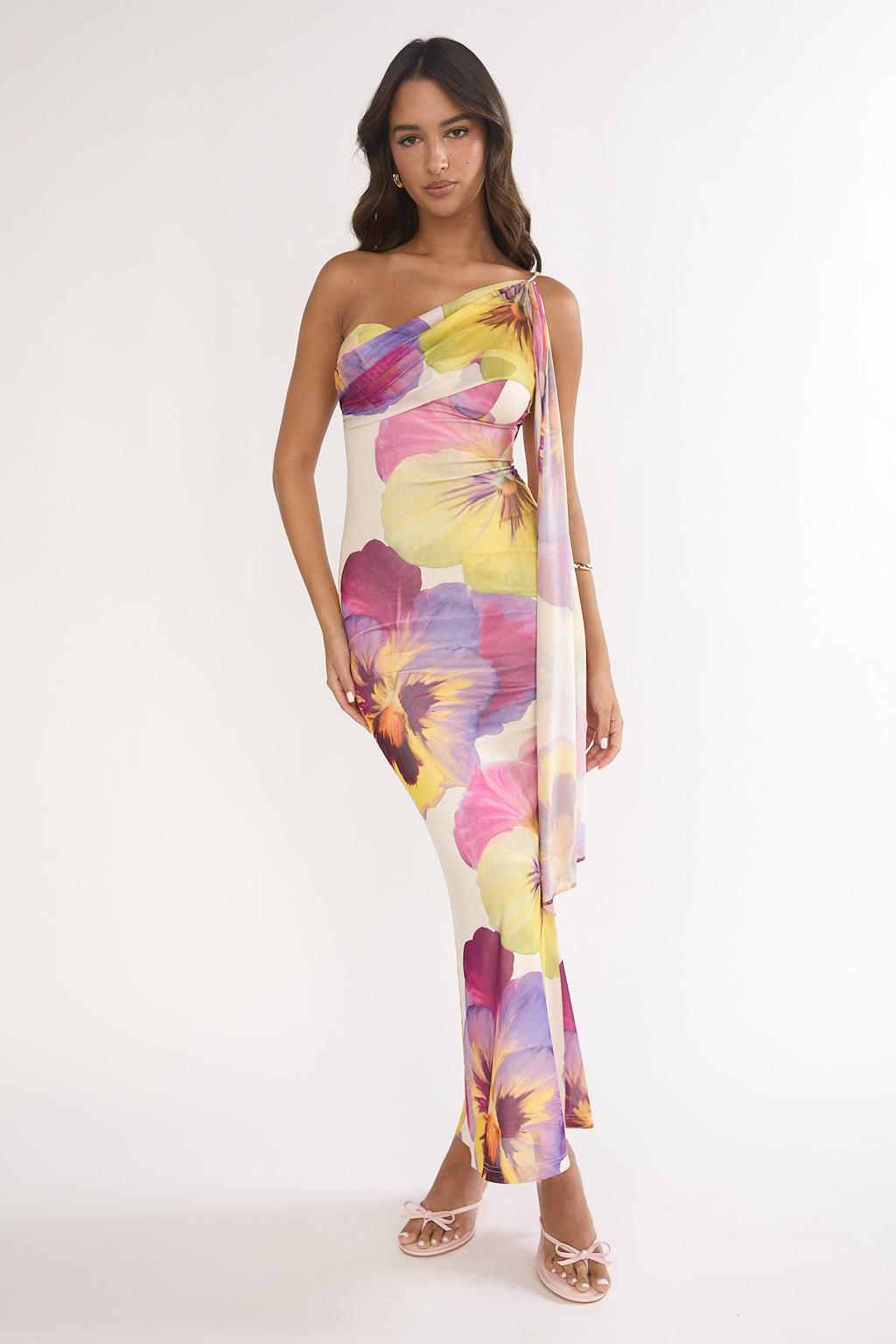 Tallis One-Shoulder Asymmetric Neckline Dress Beige by Selfie Leslie