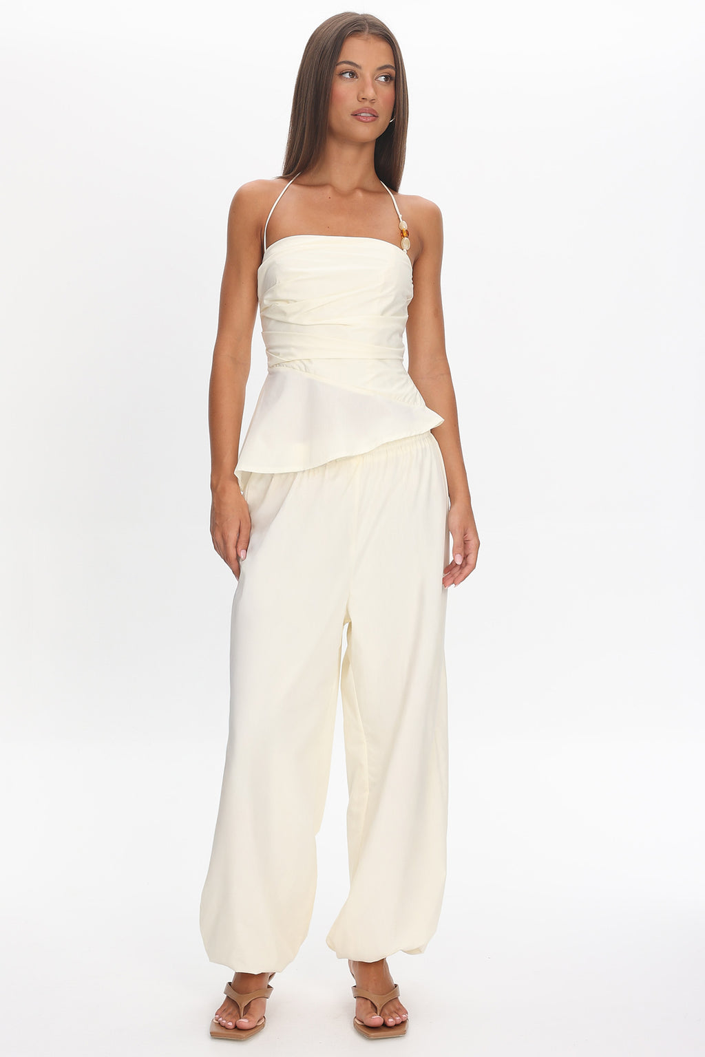 Tilah Asymmetric Ruched Top Cream by Selfie Leslie