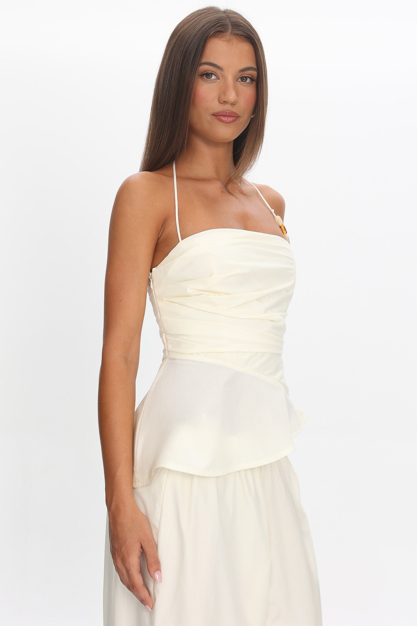 Tilah Asymmetric Ruched Top Cream by Selfie Leslie