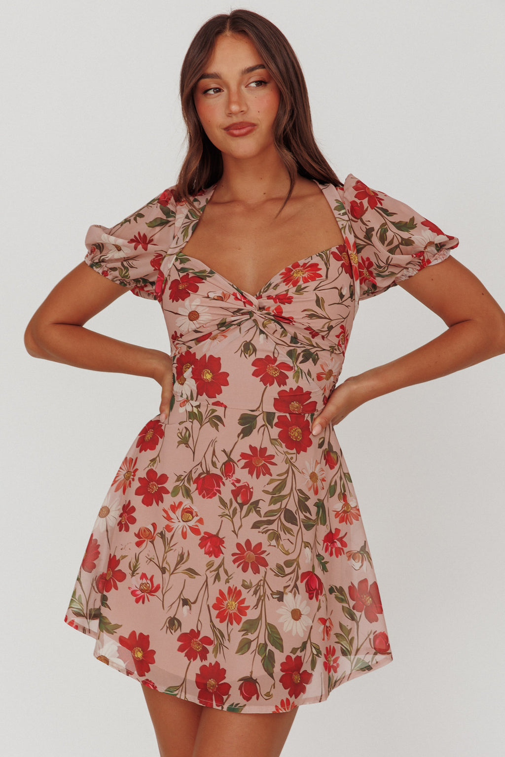 Dillon Twist Bust Mini Dress Floral Beige by Selfie Leslie