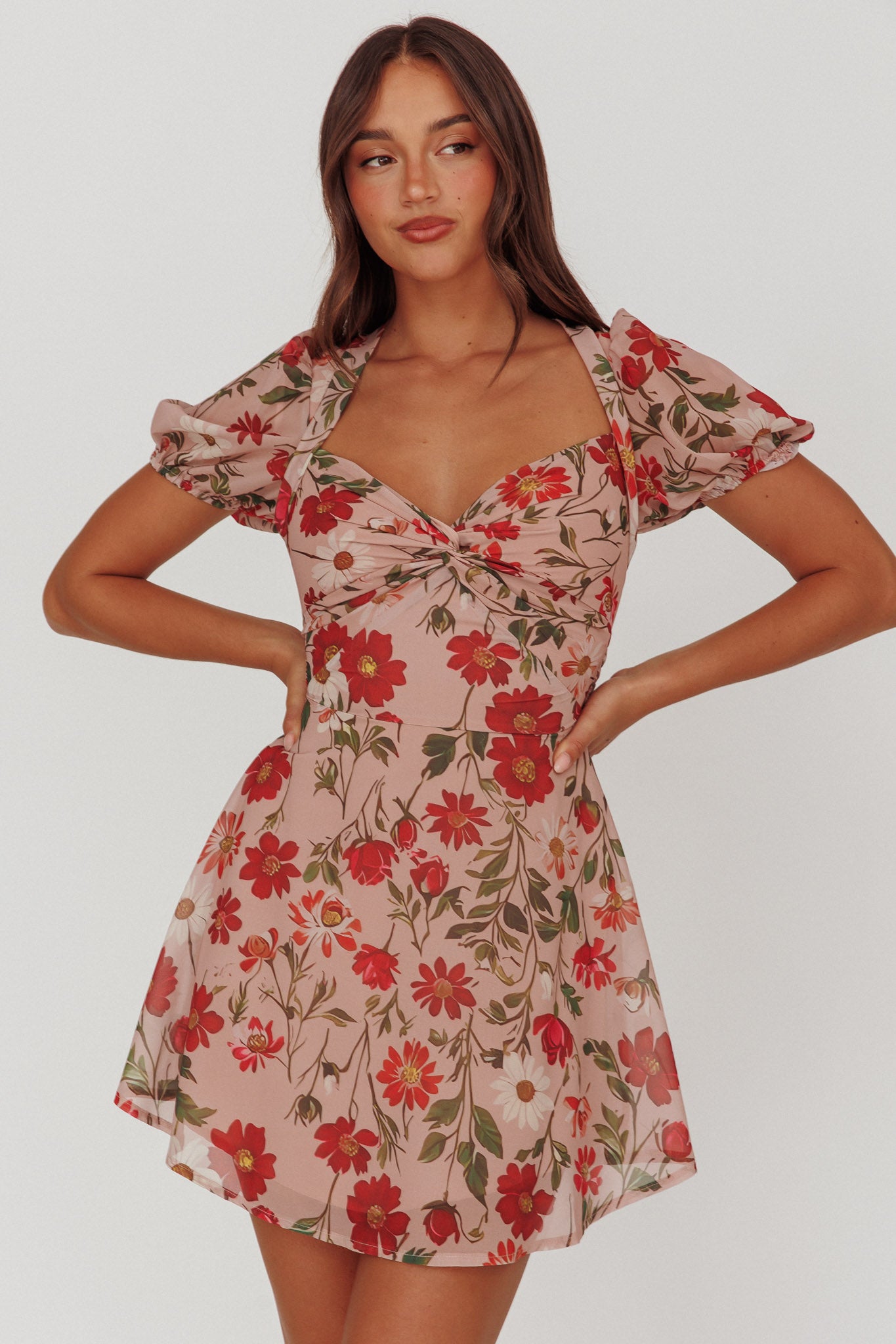 Dillon Twist Bust Mini Dress Floral Beige by Selfie Leslie