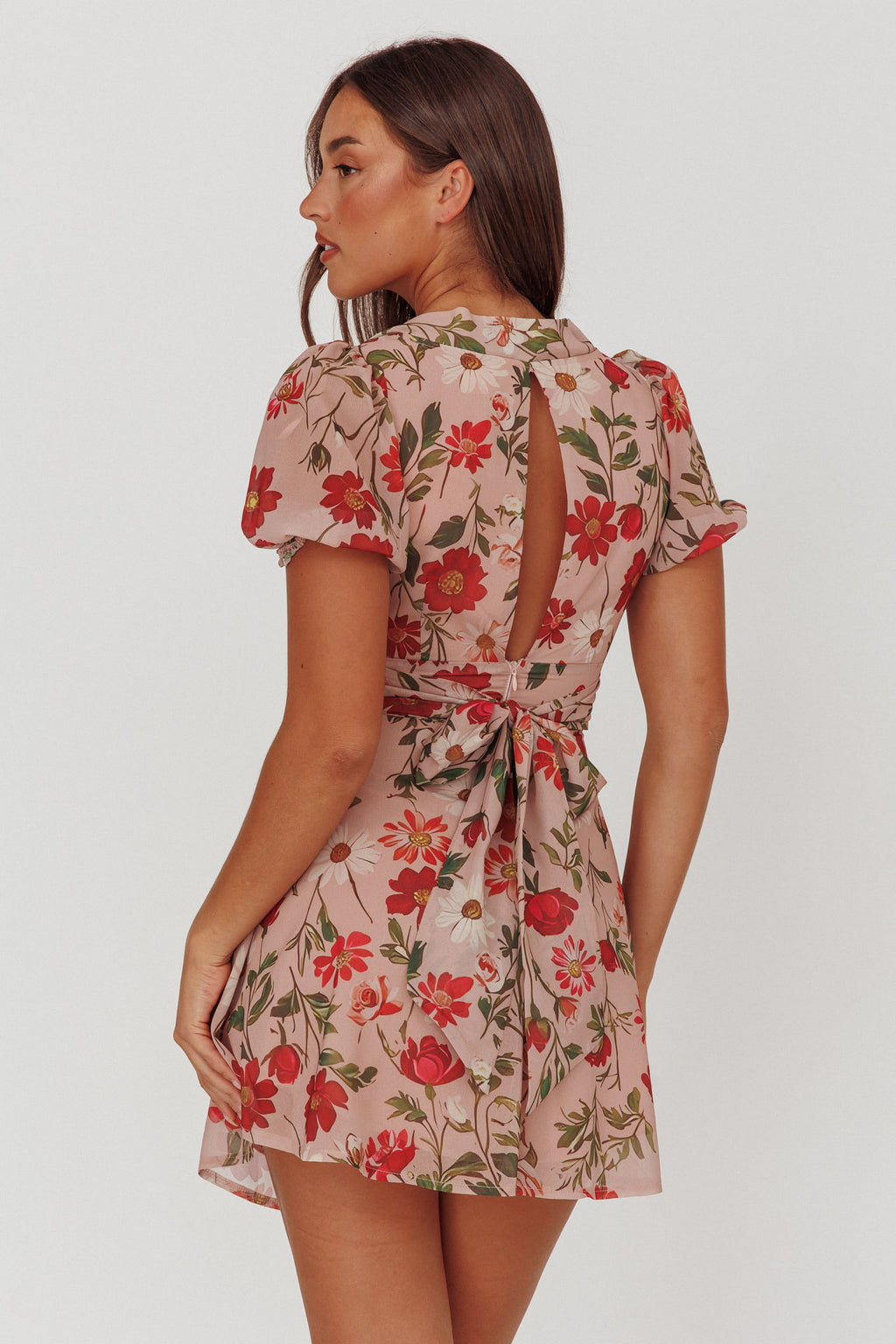 Dillon Twist Bust Mini Dress Floral Beige by Selfie Leslie