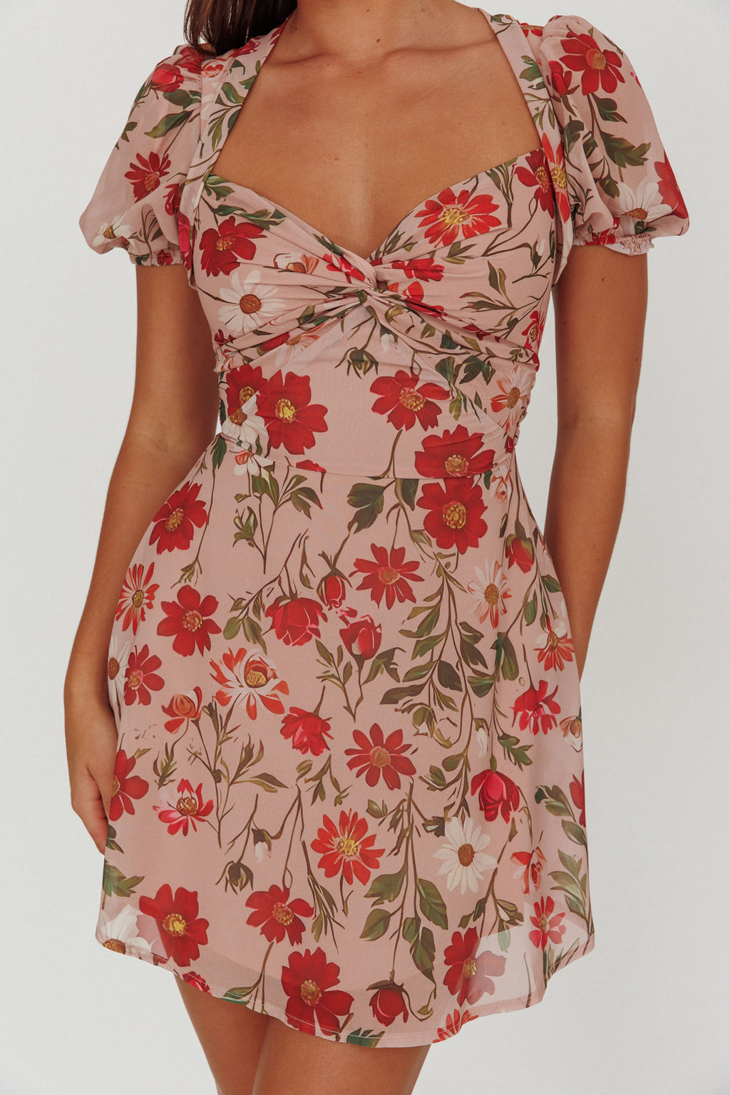 Dillon Twist Bust Mini Dress Floral Beige by Selfie Leslie
