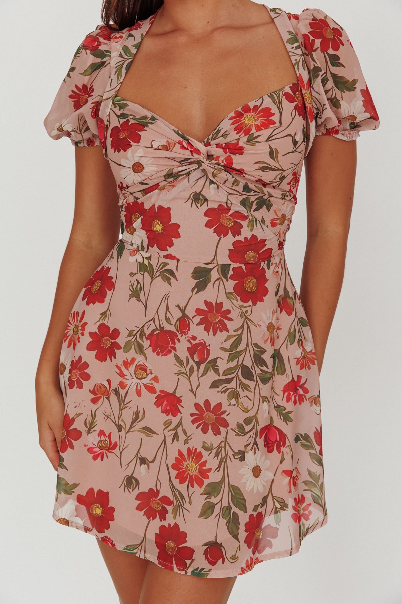 Dillon Twist Bust Mini Dress Floral Beige by Selfie Leslie