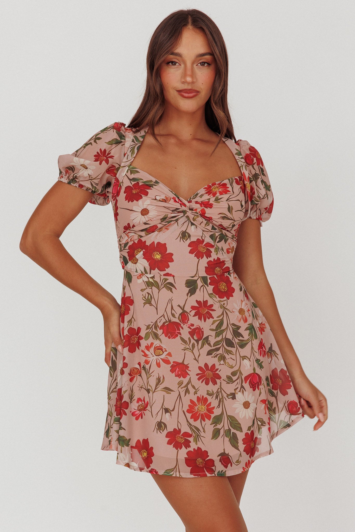 Dillon Twist Bust Mini Dress Floral Beige by Selfie Leslie