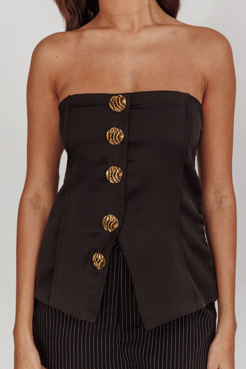 Danni Strapless Gold Button Top Black by Selfie Leslie
