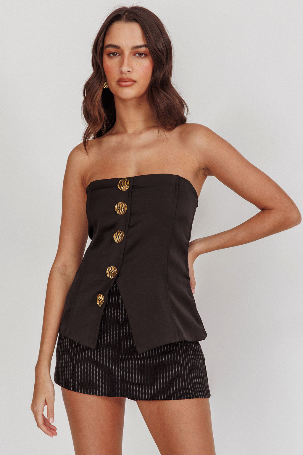 Danni Strapless Gold Button Top Black by Selfie Leslie