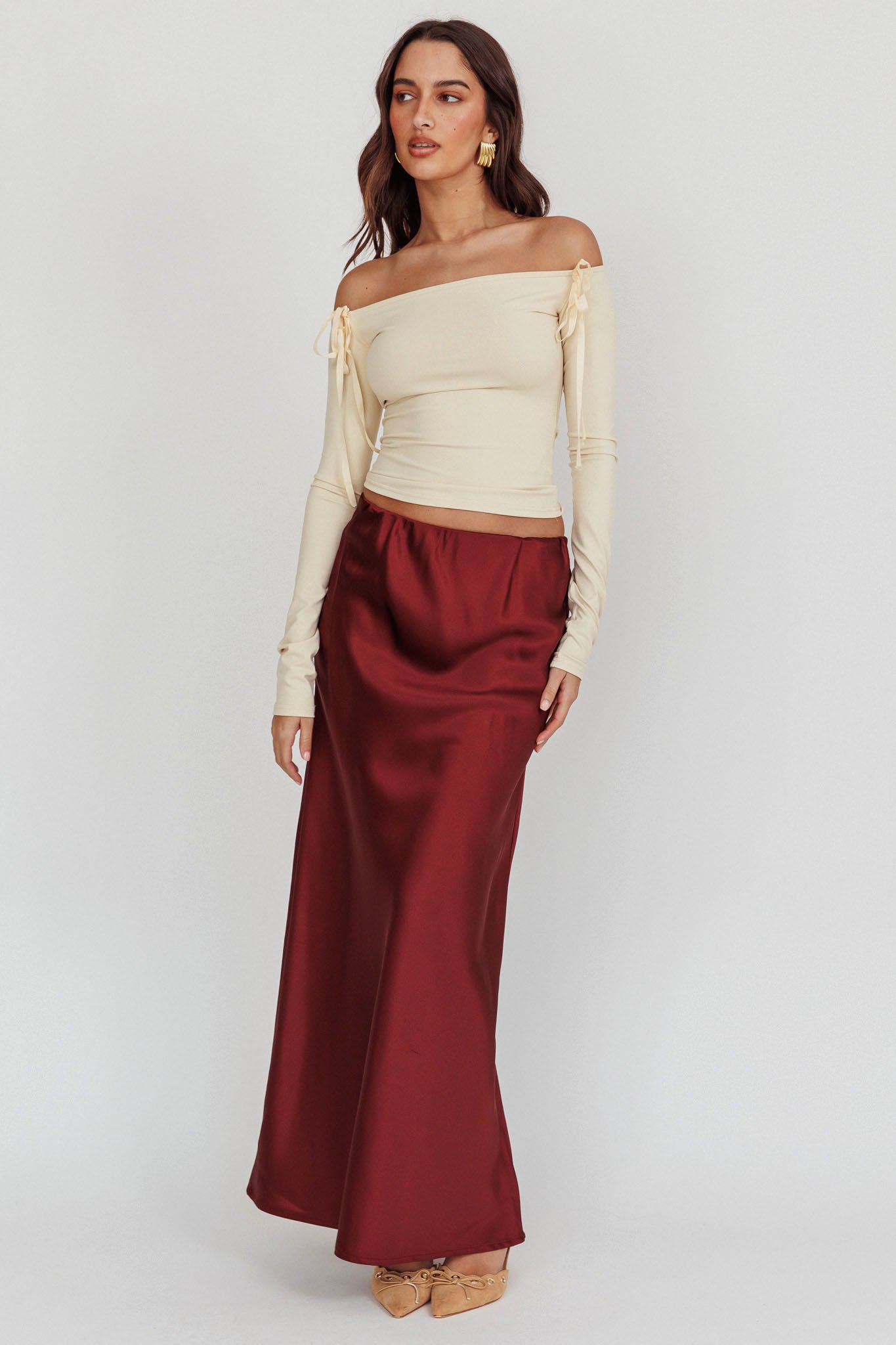 Cherubim Satin Maxi Skirt Wine by Selfie Leslie