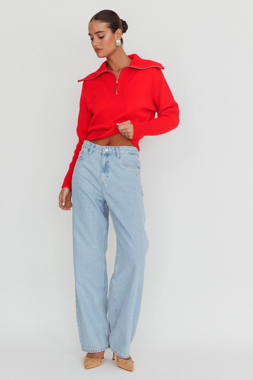 Dawneta Half Zipper Knit Pullover Red by Selfie Leslie