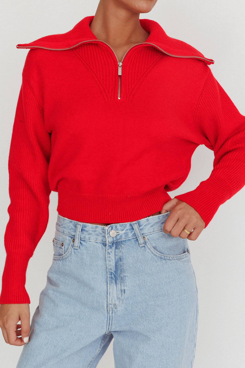 Dawneta Half Zipper Knit Pullover Red by Selfie Leslie