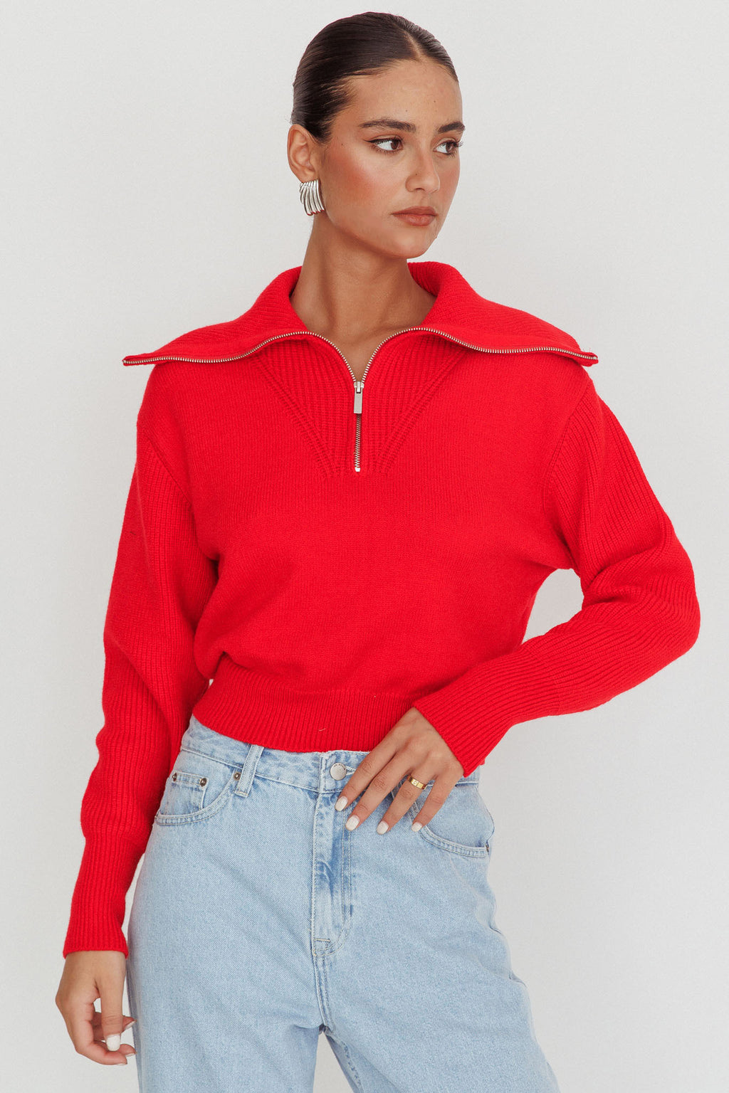 Dawneta Half Zipper Knit Pullover Red by Selfie Leslie