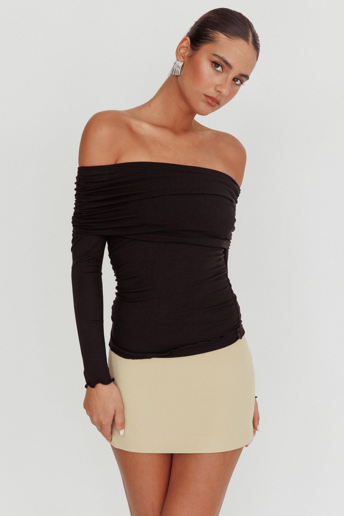 Ricki Off-Shoulder Long Sleeve Top Black by Selfie Leslie