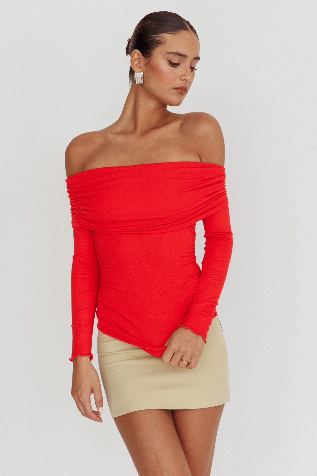 Ricki Off-Shoulder Long Sleeve Top Red by Selfie Leslie