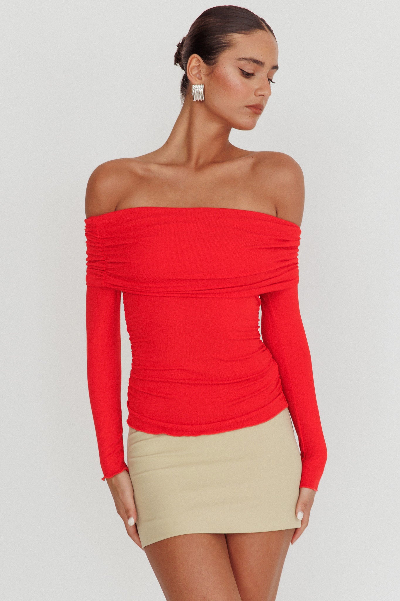 Ricki Off-Shoulder Long Sleeve Top Red by Selfie Leslie