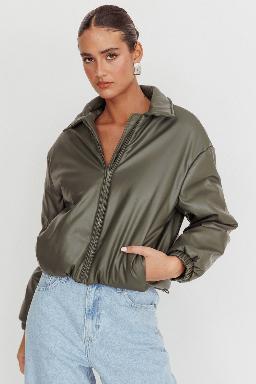 Faroe Drawstring Waist Puff Jacket Green by Selfie Leslie