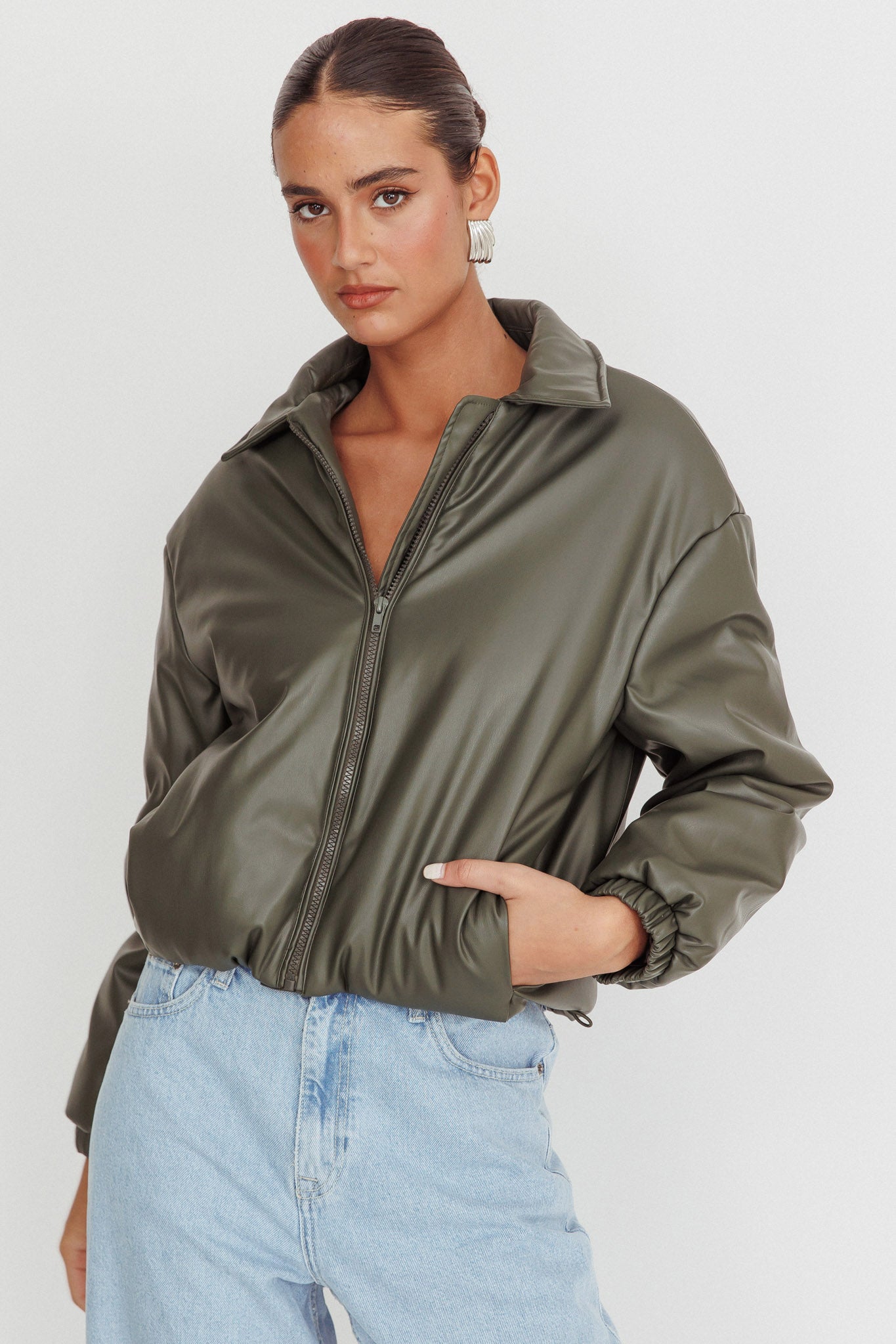 Faroe Drawstring Waist Puff Jacket Green by Selfie Leslie